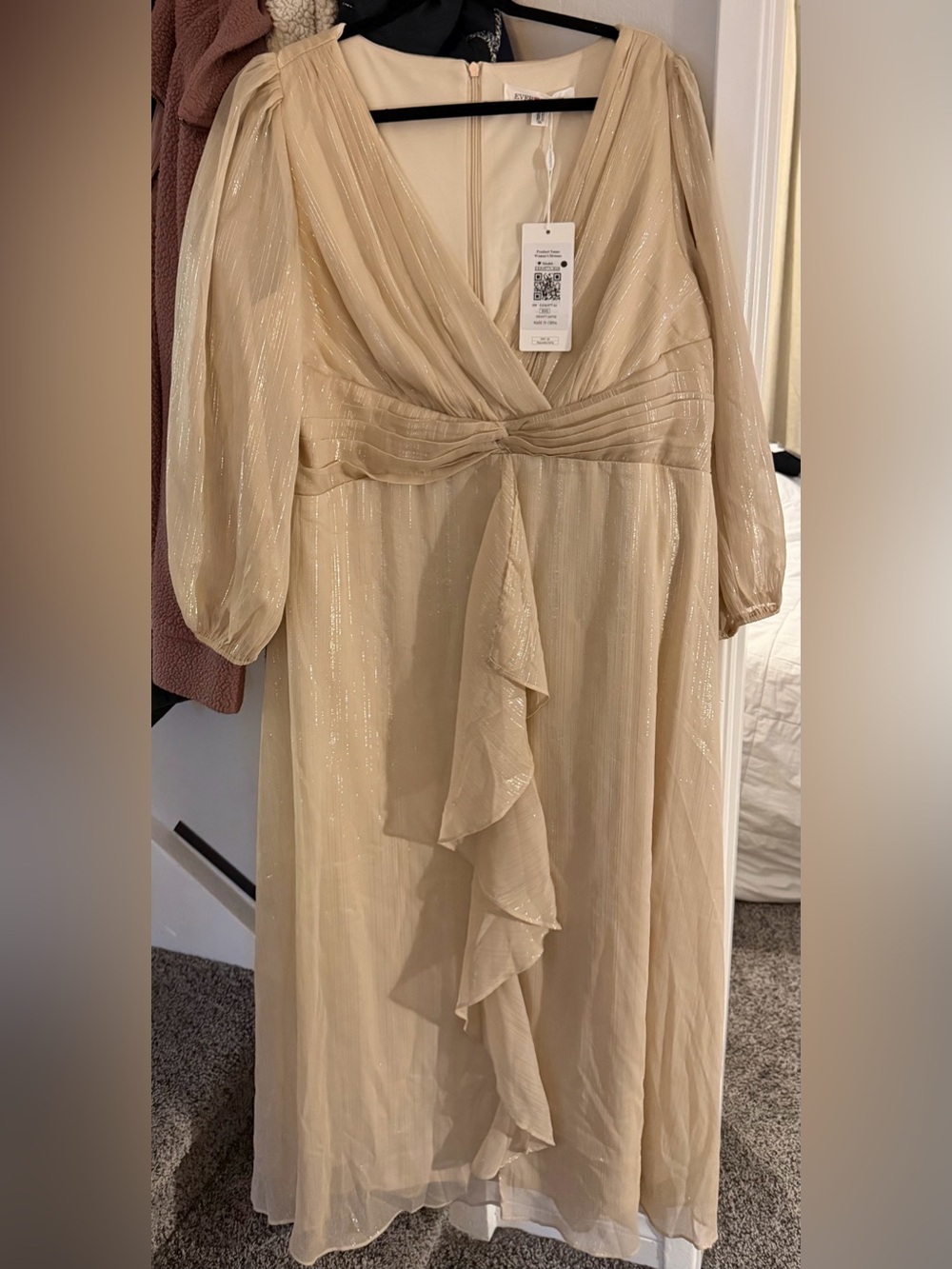 Ever Pretty, Elegant Champagne Long Sheet Sleeve V-Neck Ruffle Midi Dress